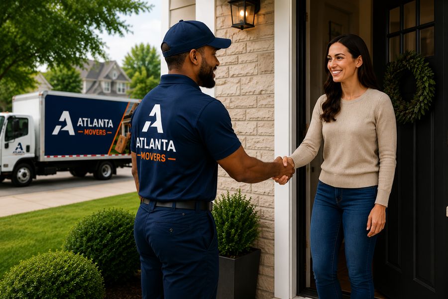 Mover arriving at front door with box